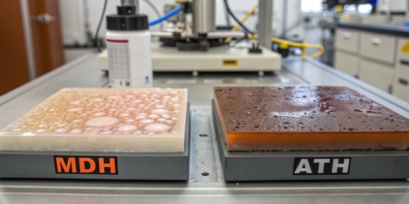 Effect of Thermal Stability on Polymer Surface An illustration comparing a smooth polymer surface (MDH) versus a bubbly, defective surface (ATH at high temp)