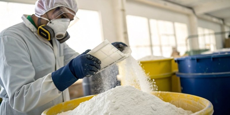 Worker wearing a dust mask and gloves handling white powder