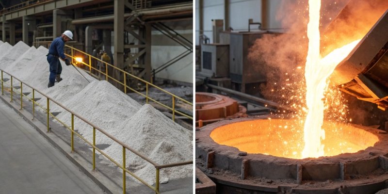 A step-by-step infographic showing the journey from bauxite ore to pure aluminum ingot.