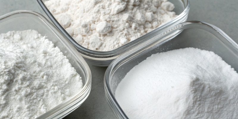 Alternatives to Aluminum Hydroxide A comparison photo of three white powders: Aluminum Hydroxide, Magnesium Hydroxide, and Calcium Carbonate.