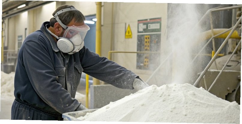 Safe Handling of Industrial Powders A factory worker wearing a dust mask while handling white powder