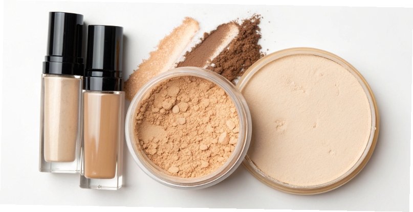 Makeup Ingredients A display of various makeup products like foundation and powder, with a microscopic view of a coated pigment.