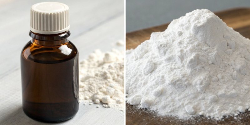 Medical vs. Industrial Aluminum Hydroxide Side-by-side comparison: a bottle of antacid and a pile of industrial aluminum hydroxide powder