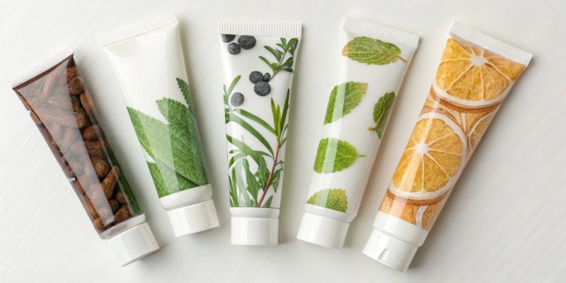 Aluminum-Free Toothpaste Options A collection of natural toothpaste tubes showing different ingredients