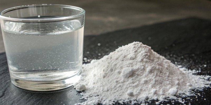 Insolubility of Aluminum Hydroxide Aluminum hydroxide powder sitting undissolved at the bottom of a glass of water