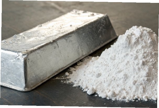 An aluminum ingot next to a pile of white aluminum hydroxide powder to show the stark visual difference