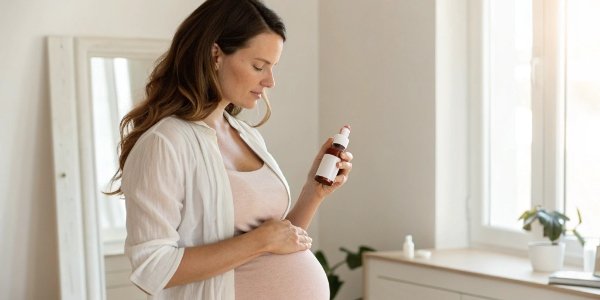 a pregnant woman looking thoughtfully at a skincare bottle in her hand