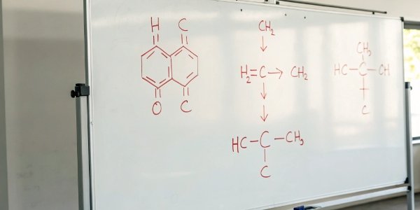 A balanced chemical equation written on a whiteboard