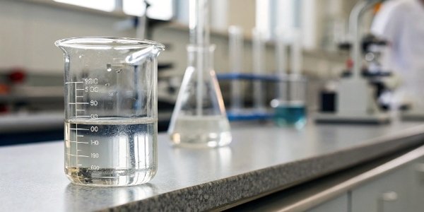 A beaker of clear liquid labeled Sodium Tetrahydroxoaluminate Solution