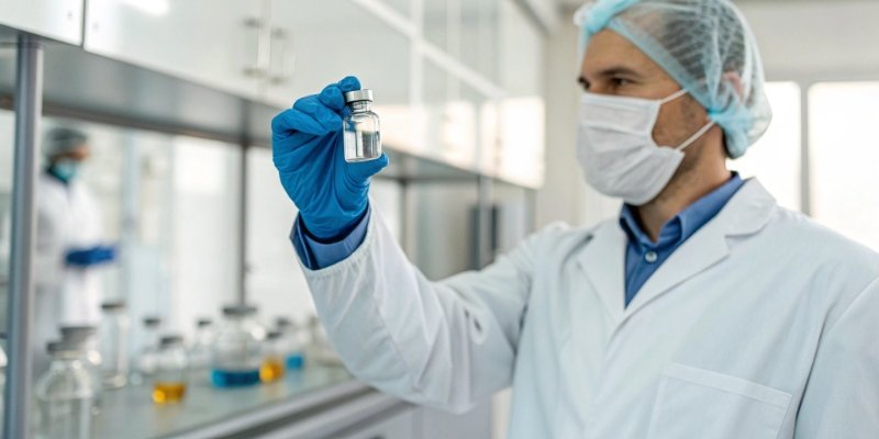 A laboratory technician holding a vaccine vial with aluminum adjuvant