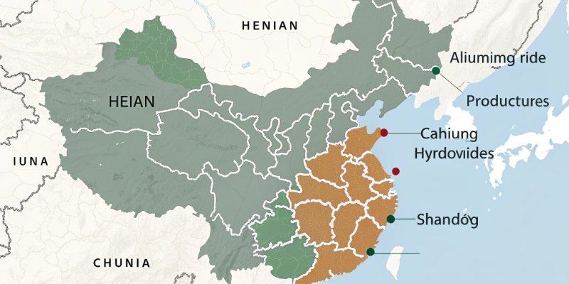 China's Main Aluminum Hydroxide Production Hubs Map of China highlighting the provinces of Henan, Shandong, and Shanxi