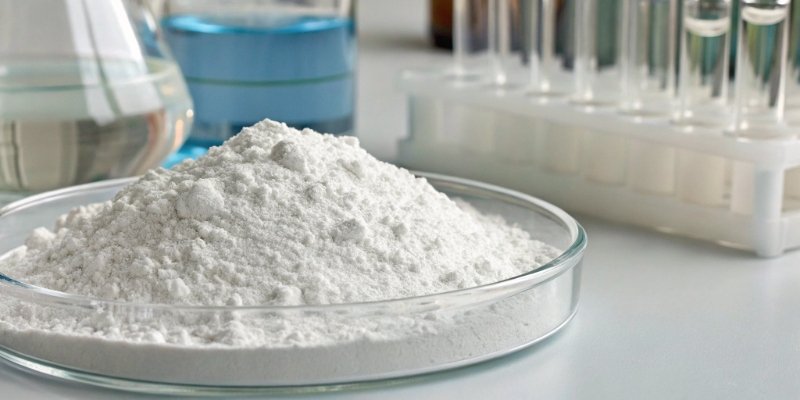 A close-up of white aluminum hydroxide powder with lab equipment in the background
