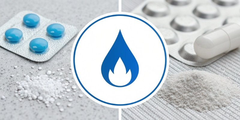 Different applications of aluminum hydroxide shown in icons: a flame, a water drop, and a pill