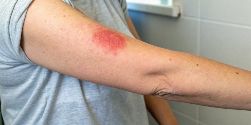 A simple illustration of an arm with a red spot at an injection site.