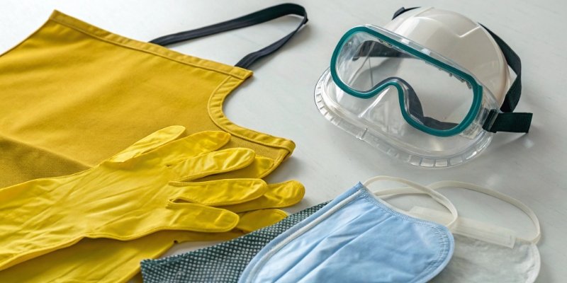 A display of chemical-resistant gloves, goggles, and a face shield