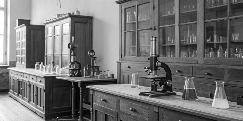 A vintage black and white photo of a 1930s science laboratory.