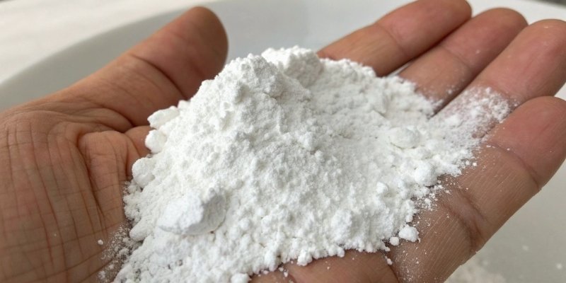 A hand holding white, fine aluminum hydroxide powder