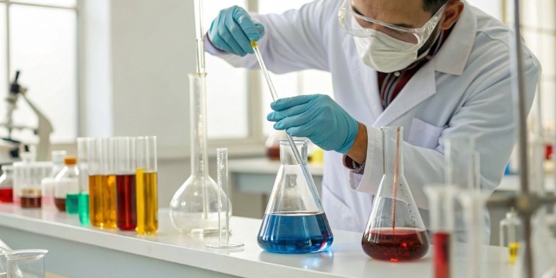 A lab technician performing a titration test with beakers and chemical solutions