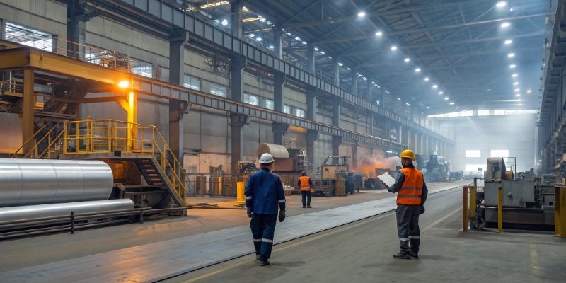 An industrial setting showing aluminum production.