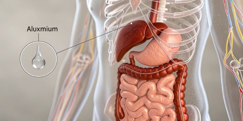 Diagram showing aluminum hydroxide passing through the digestive system with minimal absorption