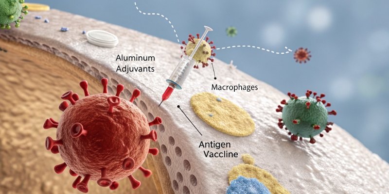 Diagram showing immune cells interacting with an antigen presented by an adjuvant