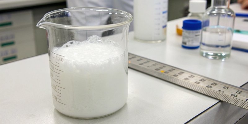 A beaker containing a thick, white aluminum hydroxide gel next to pharmaceutical packaging