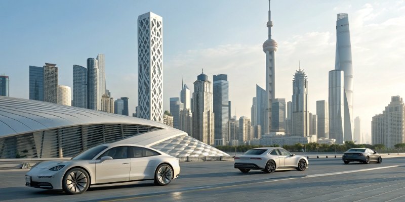 A futuristic cityscape with aluminum structures and electric vehicles.