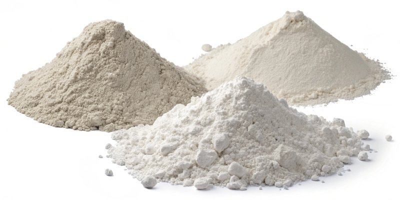 Four piles of white powder, each with a slightly different texture and fineness