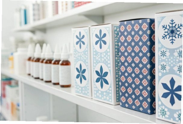 A display of seasonal flu vaccine boxes, showing different brands