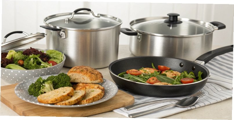 An image of a healthy meal prepared with various cookware, including aluminum