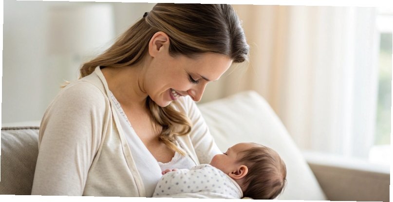 A mother breastfeeding her baby, looking calm and happy.